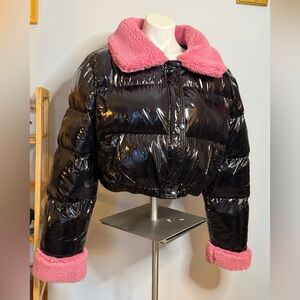 Glossy Black Puffer Jacket with Pink Accents